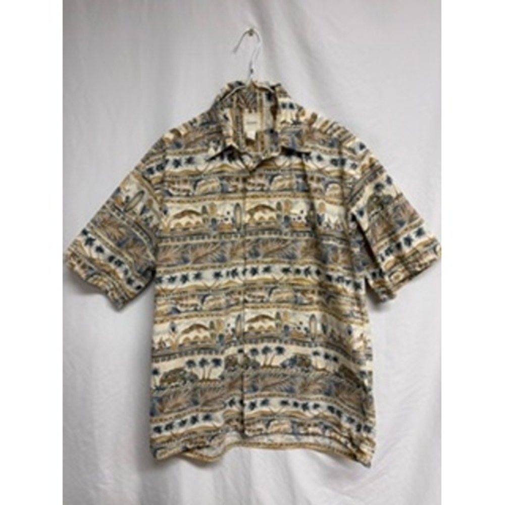 Saddlebred Mens Large Hawaiian Shirt Short Sleeve Tropical Surf Woody Wagon Tan